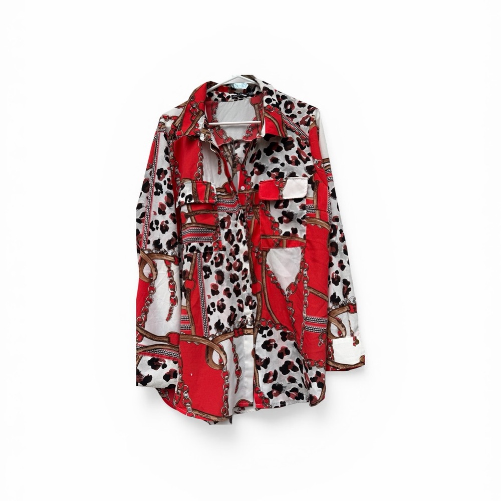 Fashion Nova Red, Black & Cream Chain and Leopard Print Blouse
